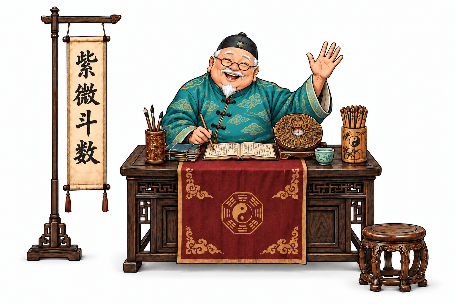 白底彩色漫画算命摊位:亲切圆润的老先生坐在木桌后招手,身旁挂着紫微斗数布幡